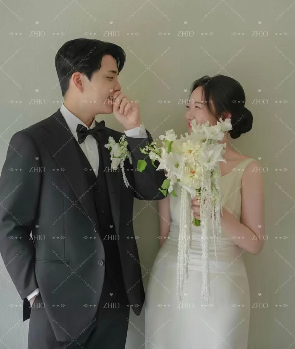 ZHIO Elegante abito da cerimonia nuziale Colletto rotondo Maniche lunghe fino al pavimento Raso avorio Corea Servizio fotografico Abito da sera Personalizzato nnegolare