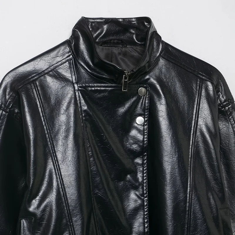 Willshela سترات نسائية عصرية من البولي يوريثان باللون الأسود بسحاب أمامي وياقة عالية وأكمام طويلة معاطف نسائية أنيقة