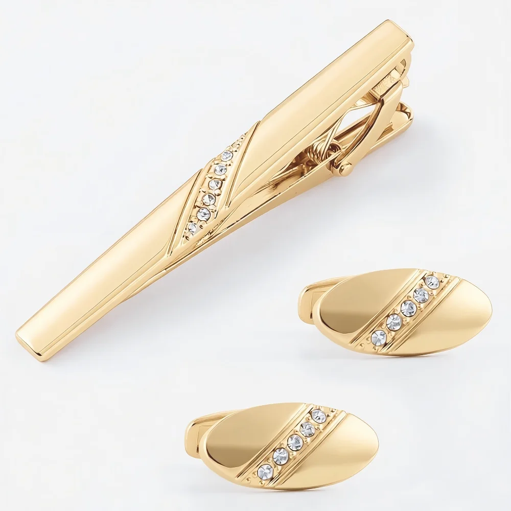 Black Plated Diagonal Crystal Oval Tie Clip & Cufflinks Set Men Fashion Formal Suit Jewelry