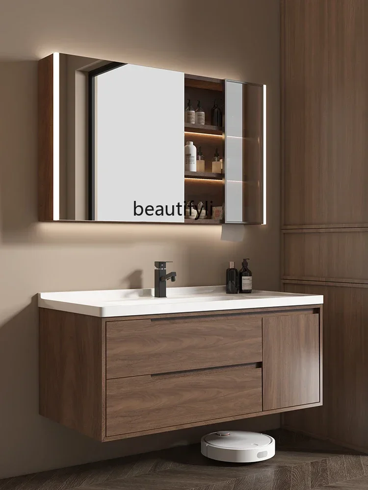 

New Chinese walnut ceramic basin, bathroom cabinet, combination bathroom, hand and face wash station