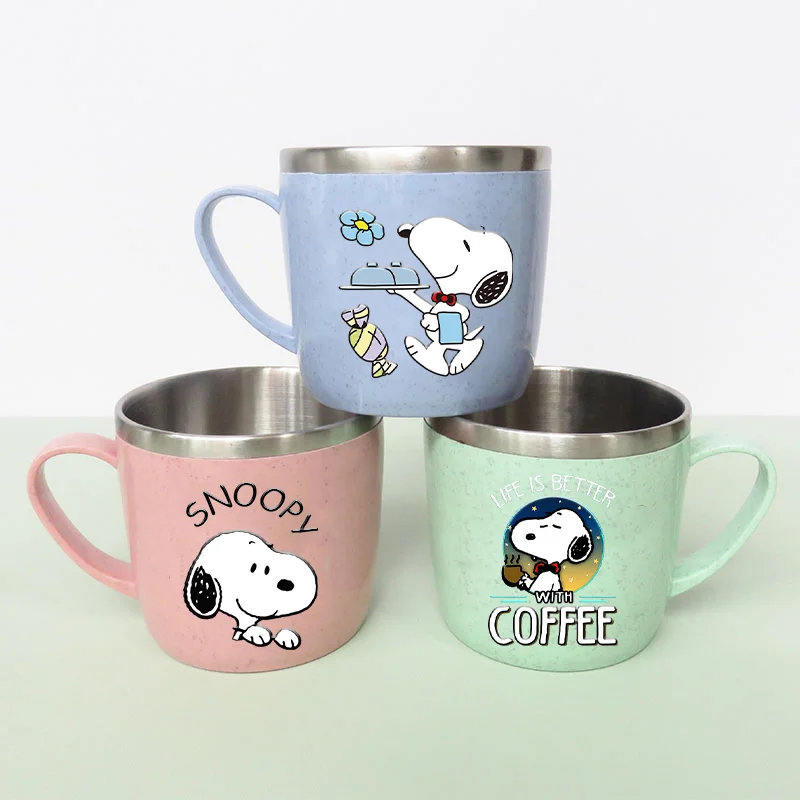 Tazas de Acero Inoxidable de Doble Capa Anti-escaldaduras Snoopys con Asa de Plástico, Taza de Café y Leche, Taza de Agua de Anime para Mujer, Vaso para el Hogar y la Oficina