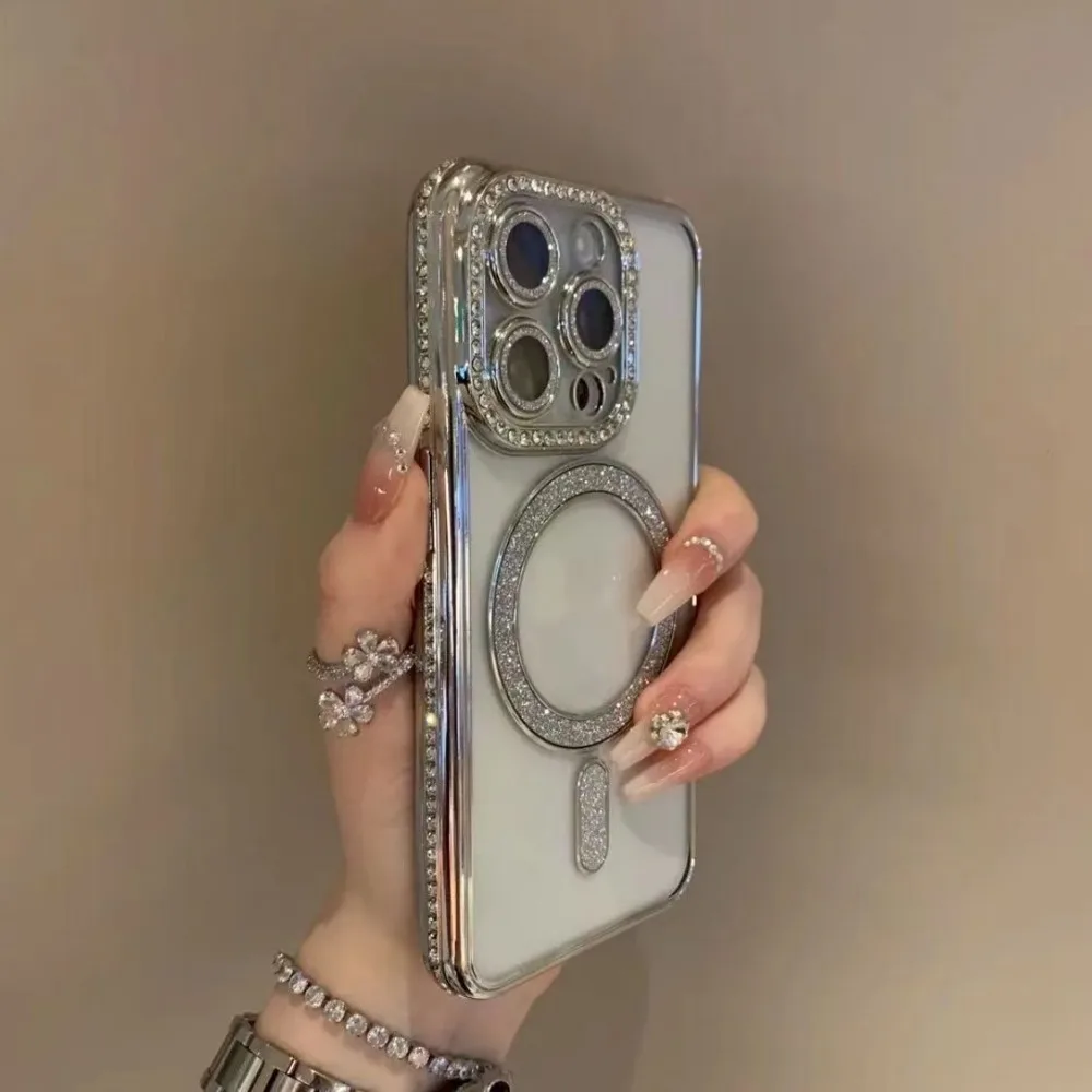 Magnetic Diamond Glitter Bling Case For iPhone 16E 15 14 13 12 11 Pro Max Rhinestone Electroplated Jewelled Transparent Cover