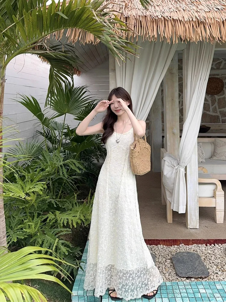 Elegant White Embroidered Strap Dress Women's Summer High Waist Beach Vacation Slimming Long Dress Poetic Memory Brand