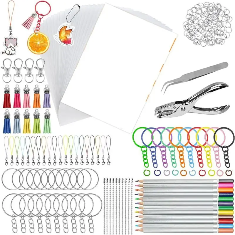 Keychain Kit,With Hole Punch, Tweezers, Tassels, Pencils, Colorful Key Rings& Jump Rings, 20 Sheets 7.9