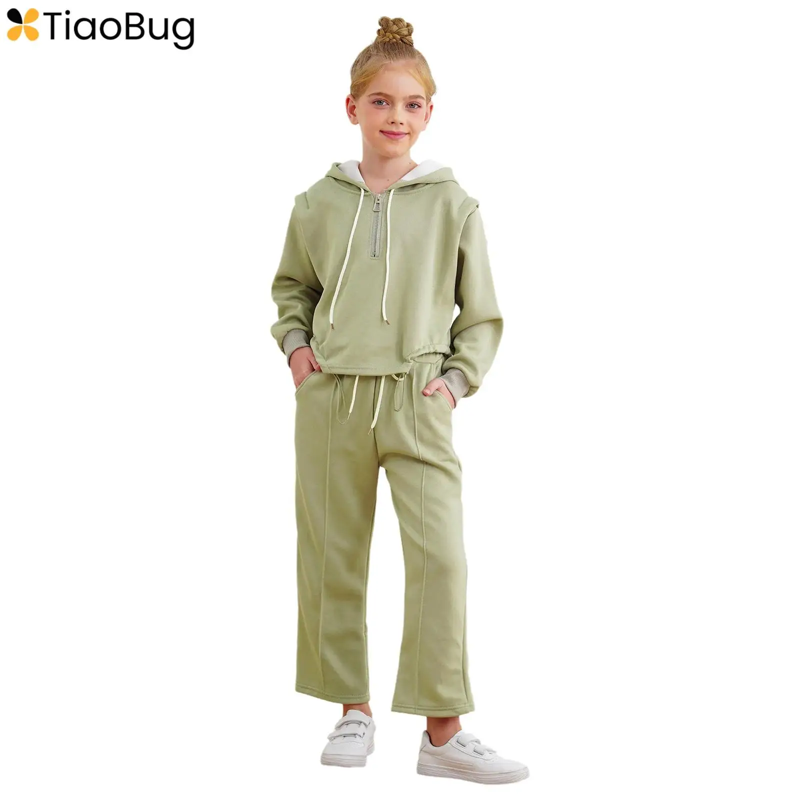 

Kids Girls Sportswear 2Pcs Set Long Sleeve Zipper Drawstring Hoodie Coat with Pants Outfit Sweatshirt Homewear Casual Clothes