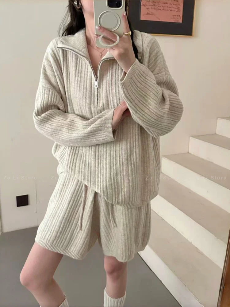 Women's Knitted Set Casual Overhead Half Open Collar Zipper Sweater Autumn Winter Loose Waist Shorts Two Piece Set