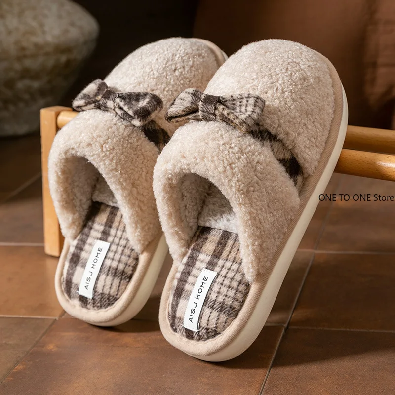 

Wholesale Slippers Women Indoor Plush Bow Slippers Females New Lovely Bowknot Slides Men Home Cute Warm Fluffy Light Sandals
