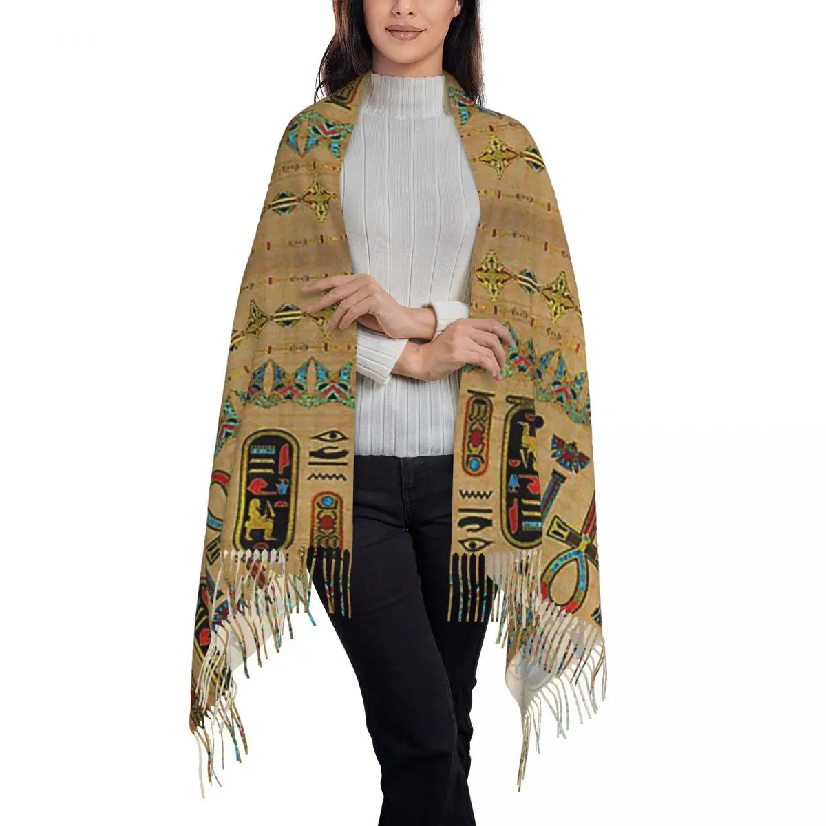 Egyptian Cross Ankh Ornament On Papyrus Scarf Tassel Scarves Women Soft Warm Shawls and Wraps Long Fall Winter Shawl Wrap