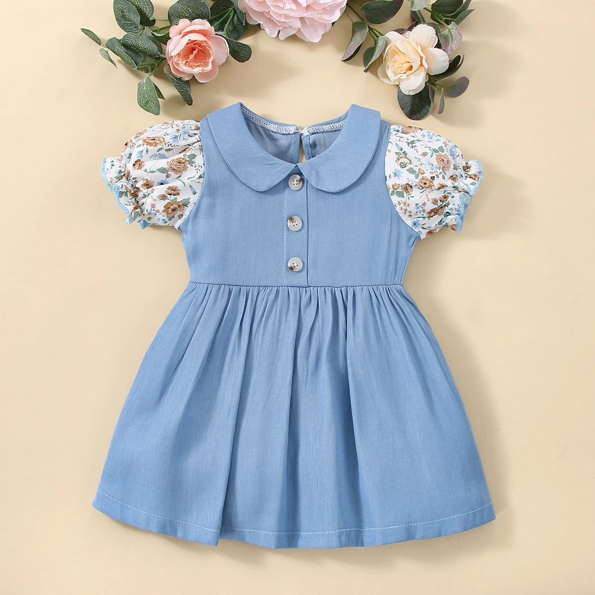 Baby Girl's Floral Patchwork Lapel Dress Single Piece Fashionable Sweet Casual Short Sleeved Summer Outfit for Toddlers