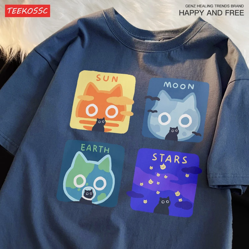 Astronomical Cat Triple Summer Loose Short Sleeved T-shirt Men Women Japanese Style Men's Pure Cotton Sun Moon Earth Couple Tee