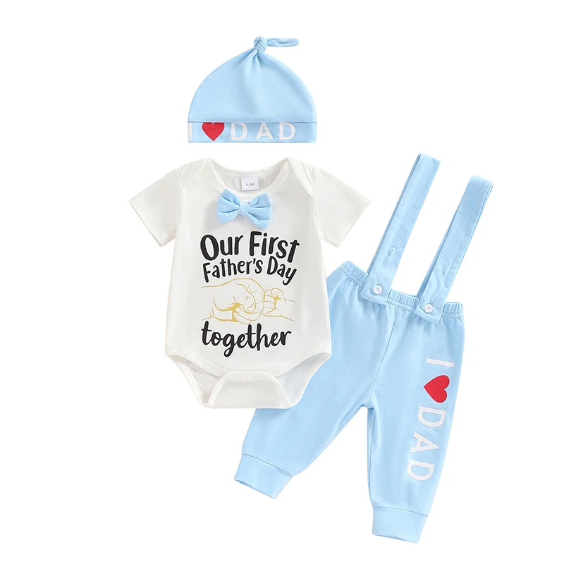 

My First Fathers Day Baby Boy Outfit Short Sleeve Letter Print Romper Stripe Stars Suspender Long Pants Hat 3Pcs Clothes Set