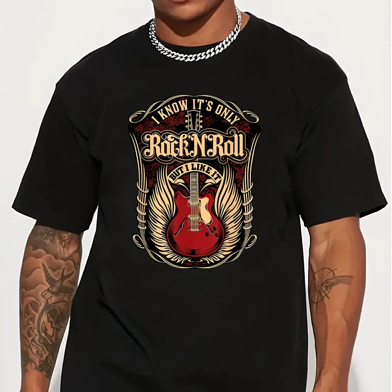 Camiseta con Gráfico de Guitarra de Rock N Roll con Alas para Hombre, Transpirable, 100% Algodón, Perfecta para el Verano, Estilo Urbano, Moderno, Vintage, Música Rock