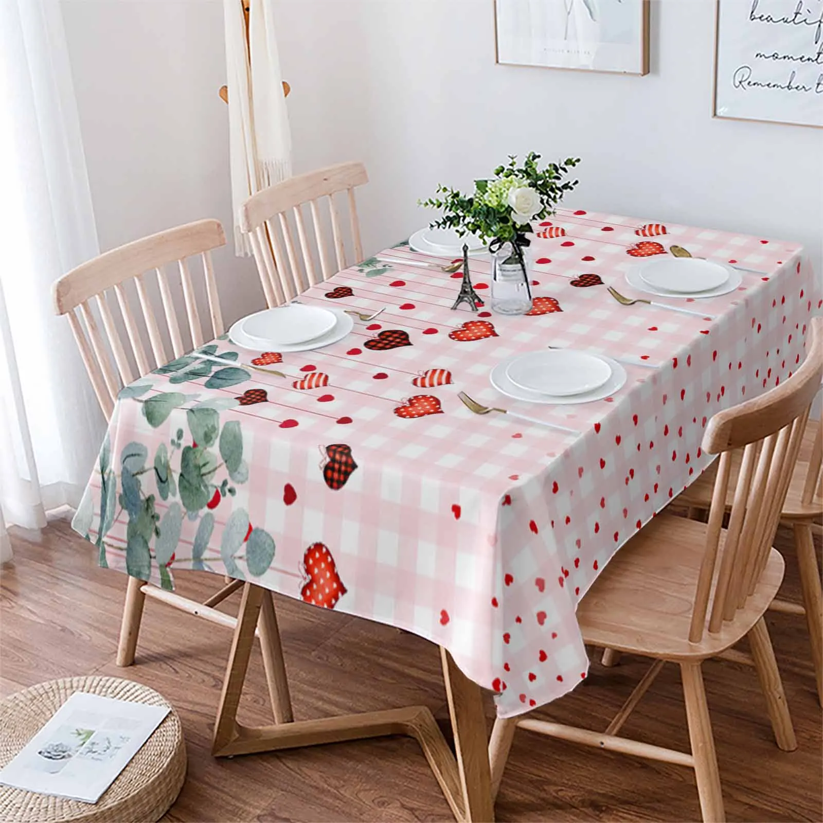 

Valentine'S Day Eucalyptus Leaf Love Table Cloth Waterproof Dining Tablecloth Kitchen Decorative Party Table Cover