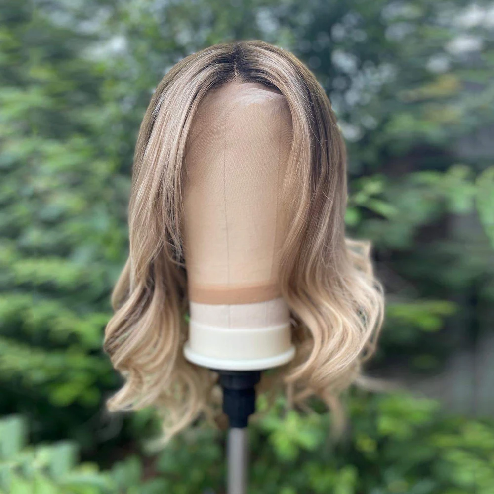 Parrucche sintetiche marrone scuro Biondo cenere Balayage Evidenzia miscela Parrucca di capelli umani 13x4 Parrucca anteriore in pizzo Glueless Wear & Go Perdita di capelli delle donne