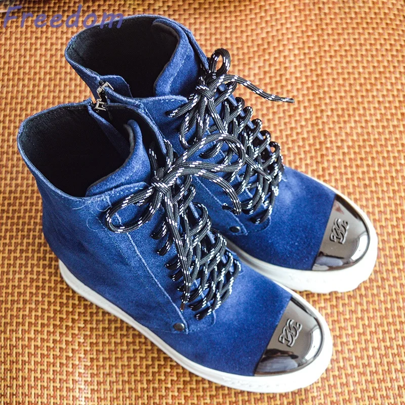 Inner heightening round toe frosted strap denim sneakers large size new iron toe blue boots 10 heel high school boots for women