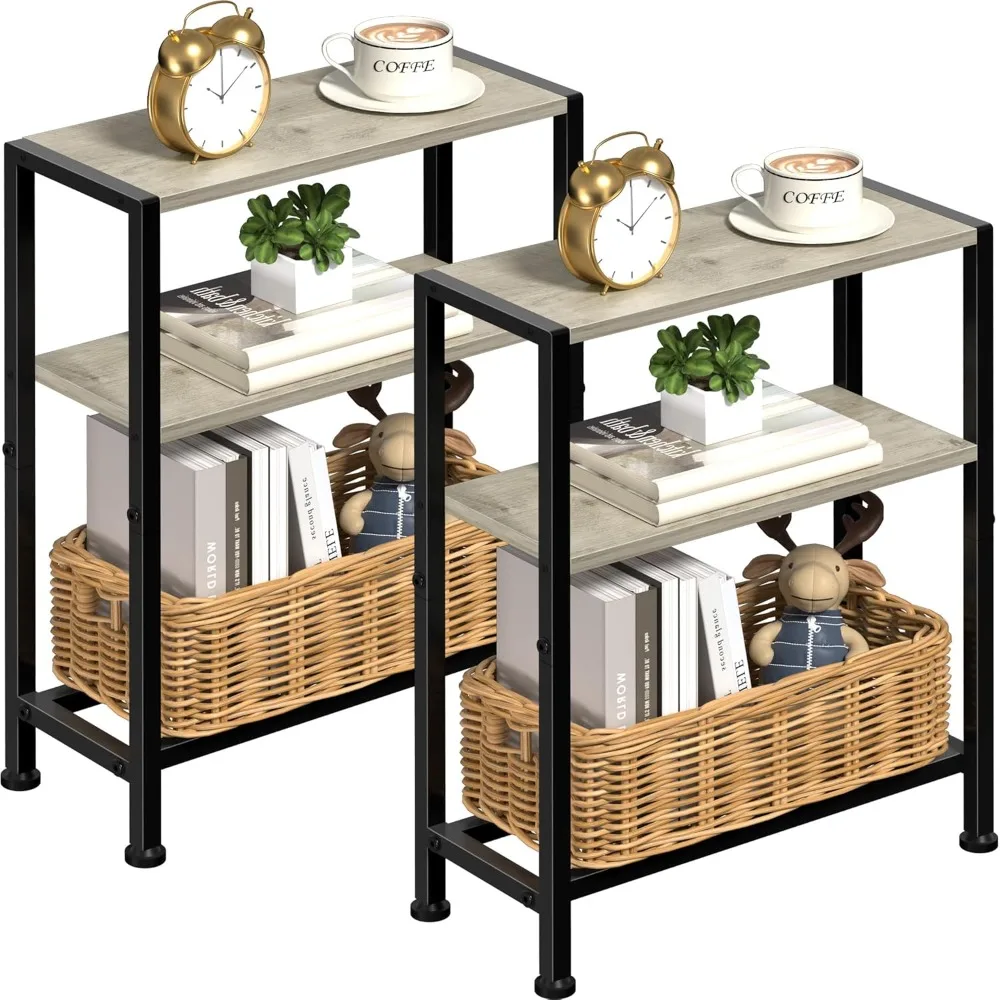 

Narrow Side Table Set of 2 for Small Space, 2-Tier Small End Table with Shelf Holder, Slim Nightstand, Skinny Snack Couch Table