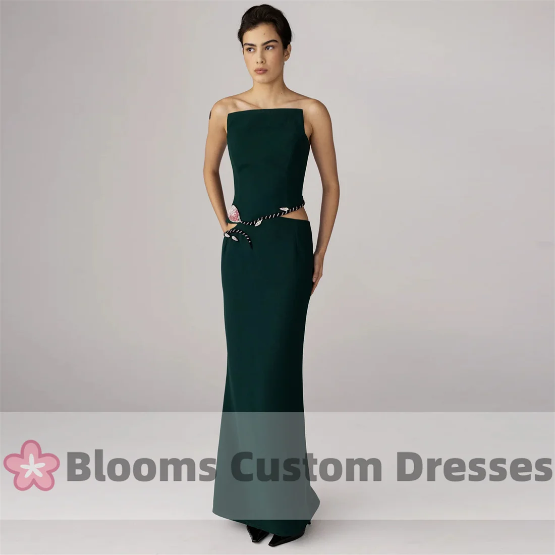 

Blooms Strapless Crepe Luxury Evening Dresses For Special Occasion Sexy Shiny Rose Beaded Elegant Women Party Gown Prom Dresses