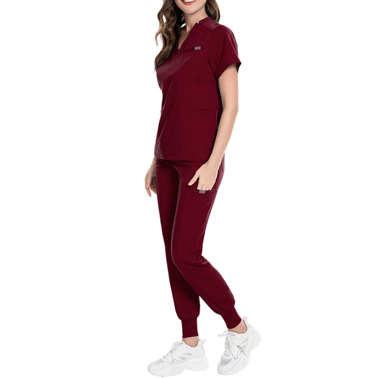 Conjunto de enfermeira feminina com decote em v manga curta multi-cor multi-bolso jogger calças uniforme médico roupas de trabalho de saúde