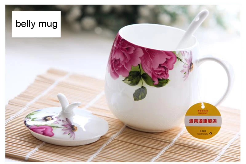 410ML, Cute Floral Rose Designed, Bone China Thermos Tumbler Mug, Tea for One Cup, Large Mug, with Lip & Spoon