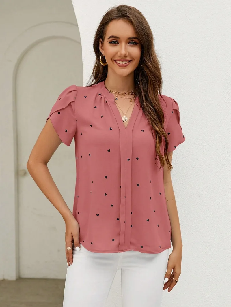 Women Sweet Style Little Heart Print Shirt Petal Short Sleeve V Neck Pullover Blouse Elegant Female Office Commuter Casual Tops