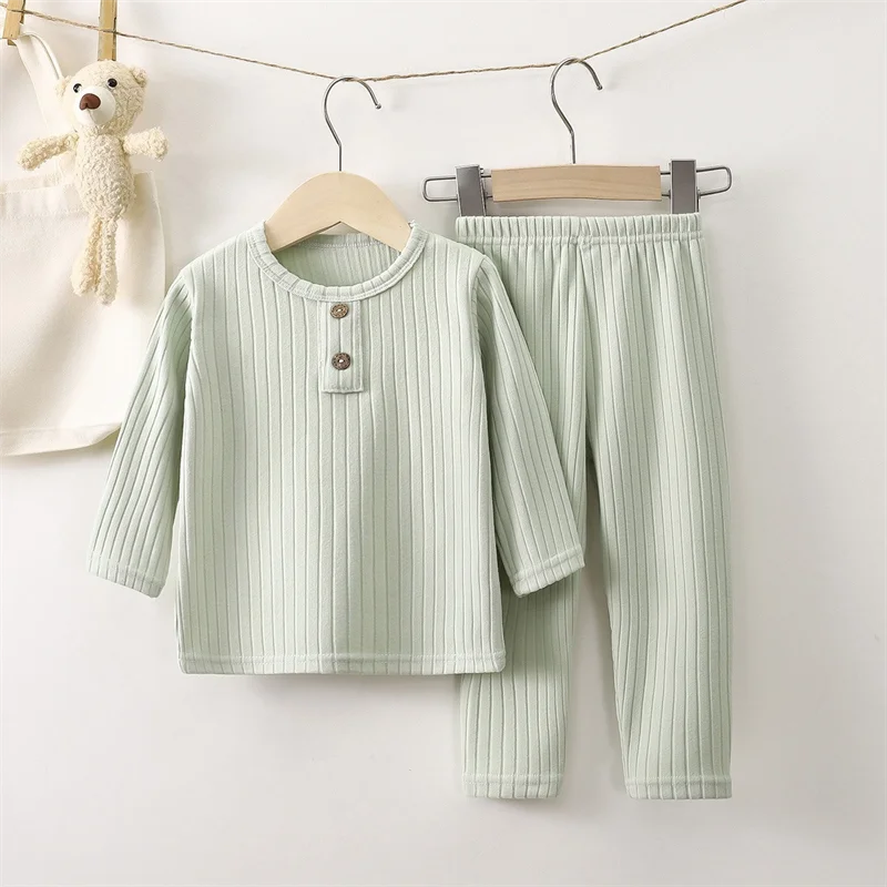 Baby Warmer Dünner Fleece-Pyjama-Set Herbst Winter Jungen Langarm Rippstrick 2-teilig Kleinkind Kinder Schlafanzug Säugling Hauskleidung – Detail 6