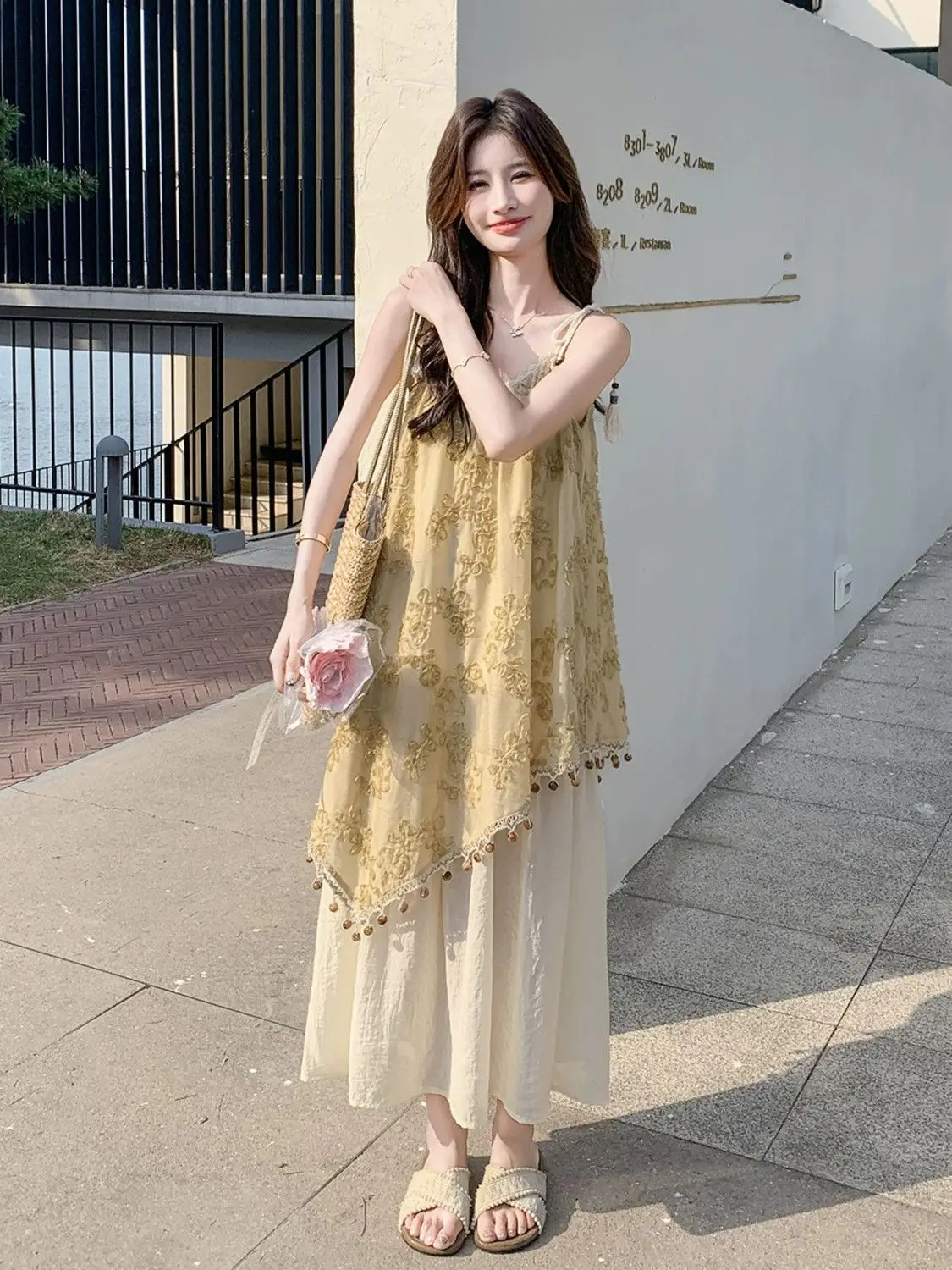 Duas peças emendadas temperamento suspender saia suspender vestido borla verão novo estilo beira-mar floral férias doce