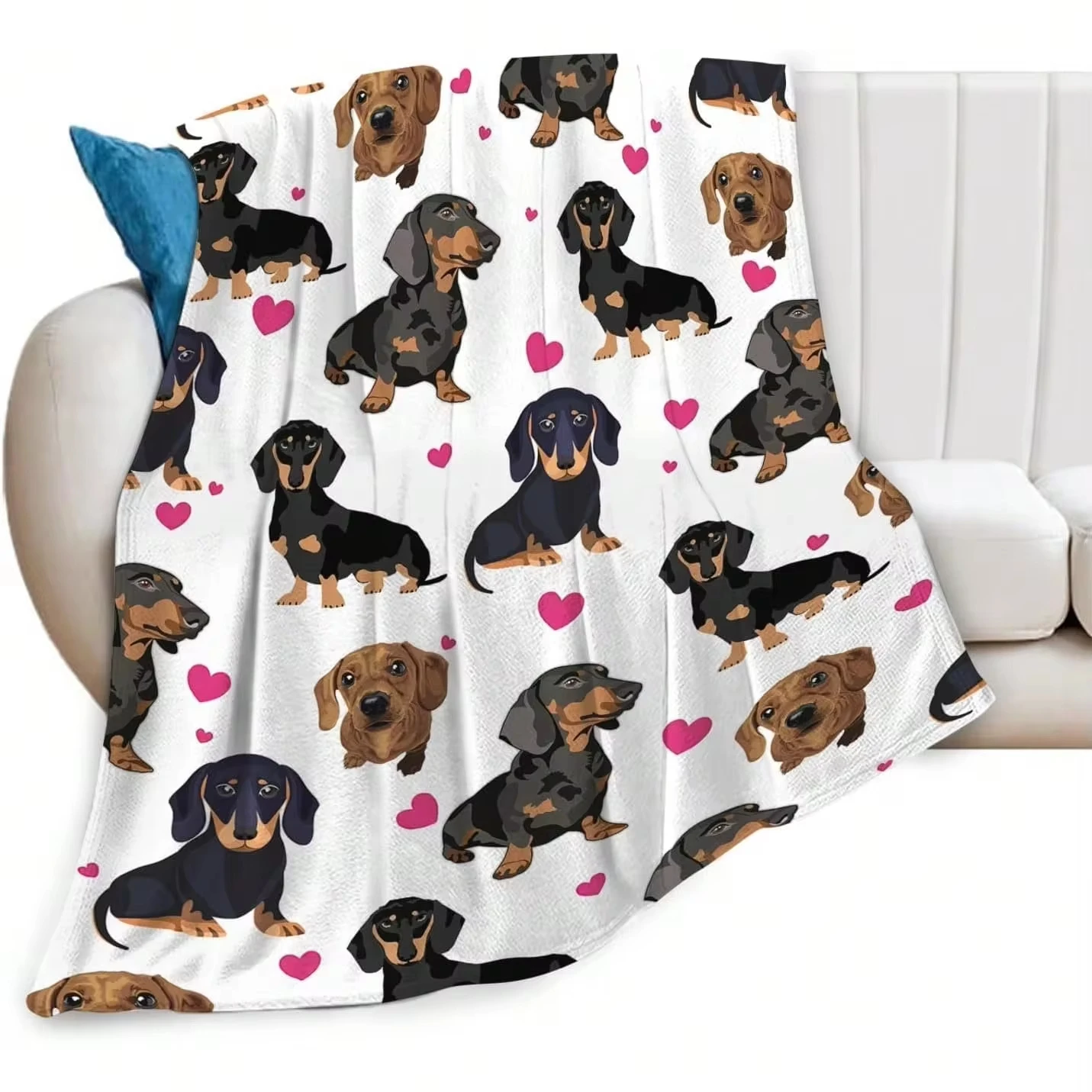 Blanket Throw Dachshund Print, Floral Dachshund Dog Flannel Blanket, Cute Puppy Allover Pattern, Sofa Bedroom Indoor Decor
