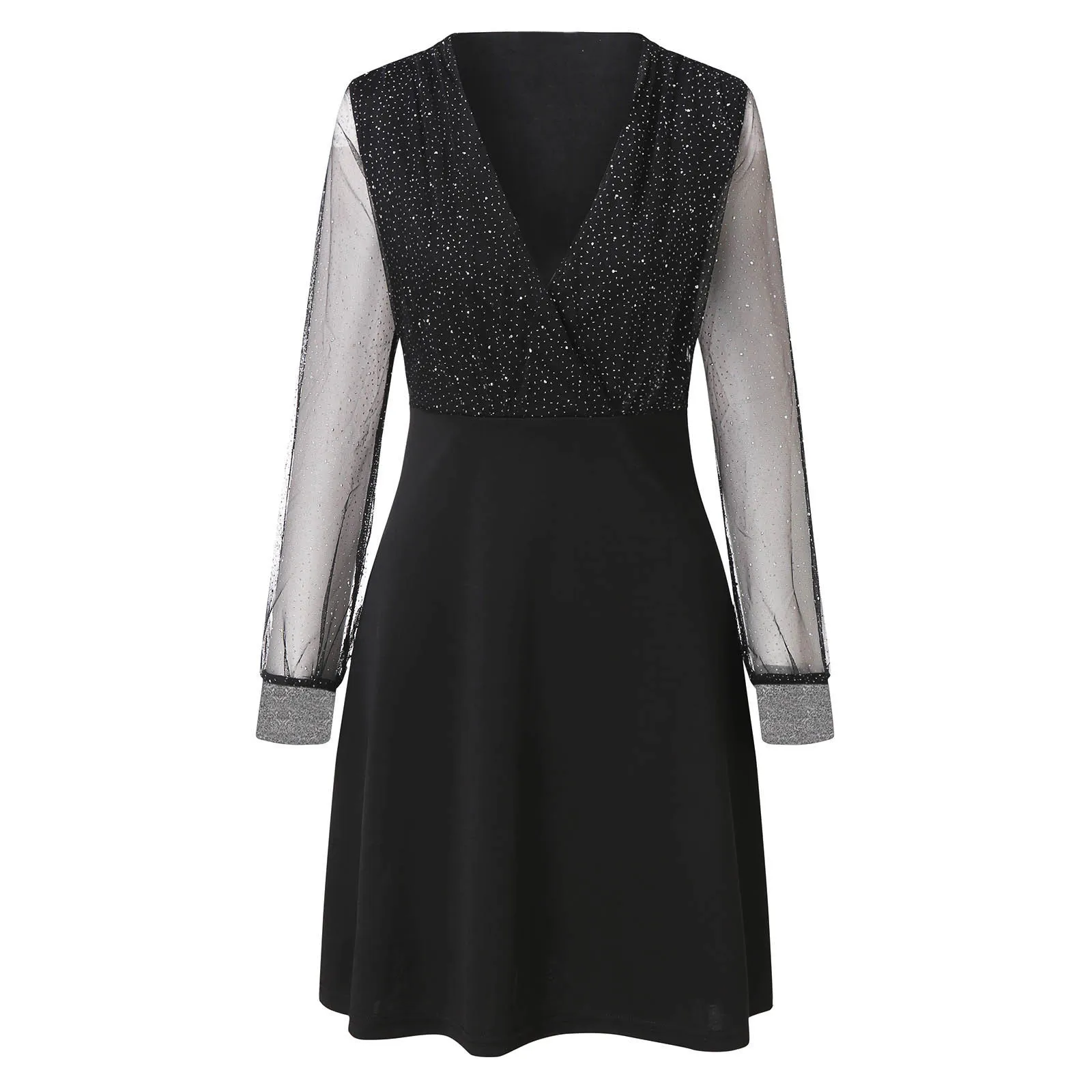 Vestido de invitados de boda de invierno para mujer, vestido negro de manga larga, cuello en V, malla brillante, lentejuelas brillantes, vestidos elegantes