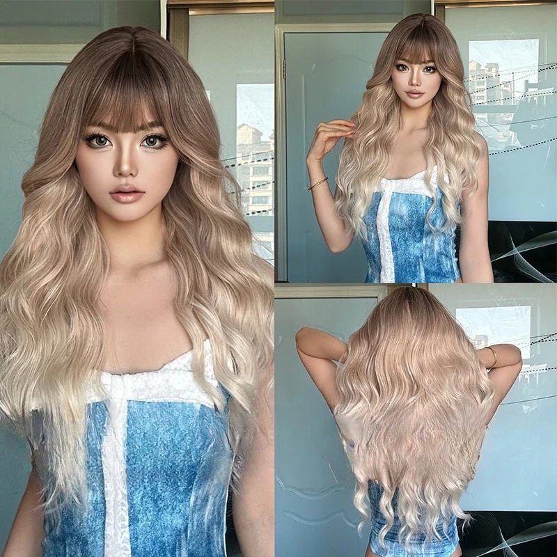 

Dyeing new wig gradual change color trend fashion air bangs long curly hair European and American wig