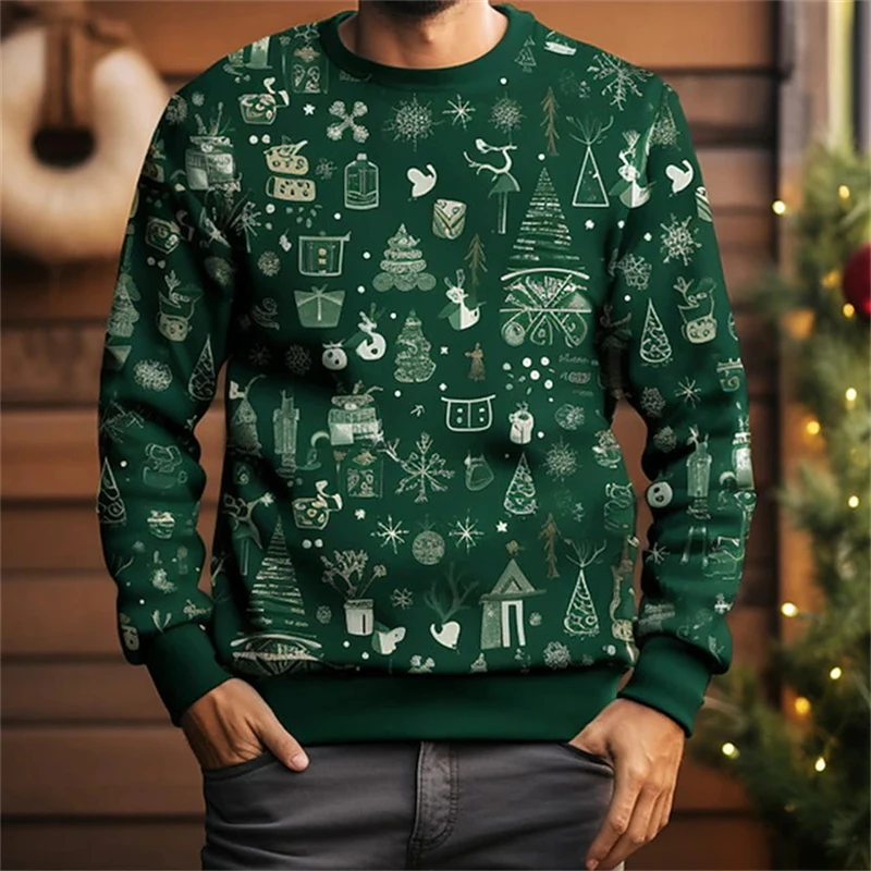 3D Print Men Green Christmas Sweatshirt Holiday Ugly Sweater Crewneck Long Sleeve Casual Pullover Xmas Party Top For Men Women