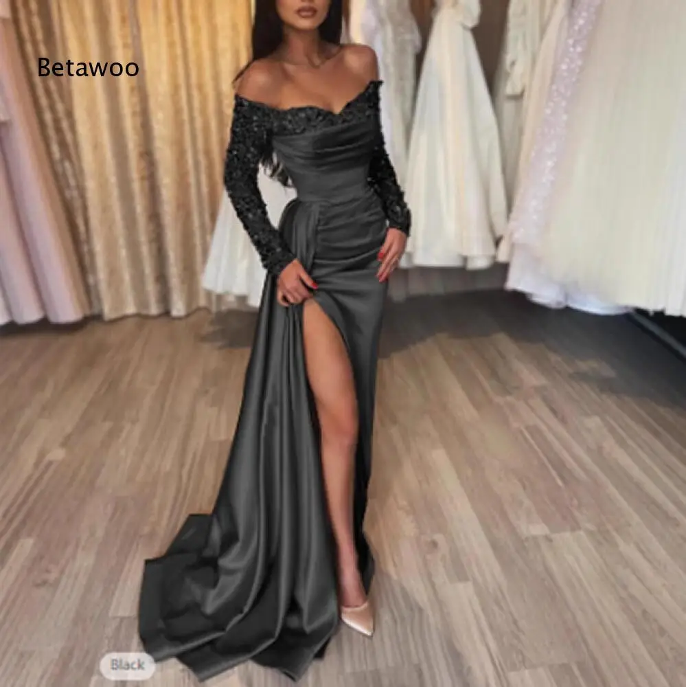 Elegant Black Off Shoulder Ruched Satin Evening Dress