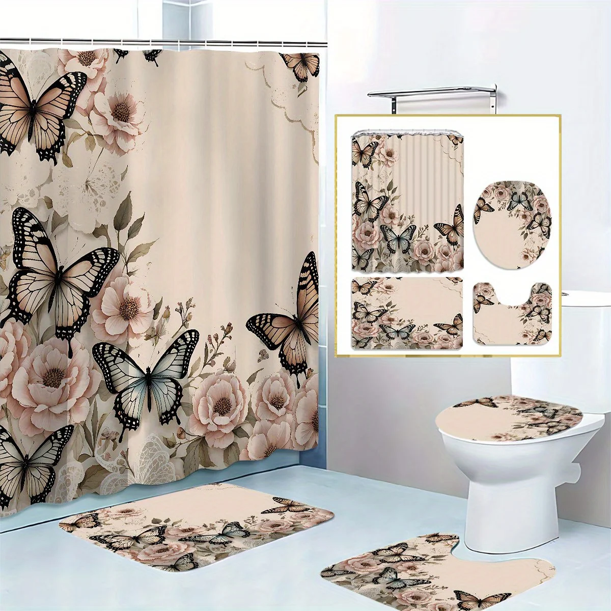 

Набор занавесок для душа с цветочным принтом «Фэнтези-бабочка» — водонепроницаемый полиэстер с 12 крючками, нескользящий коврик, чехол на сиденье унитаза, праздничный подарок
