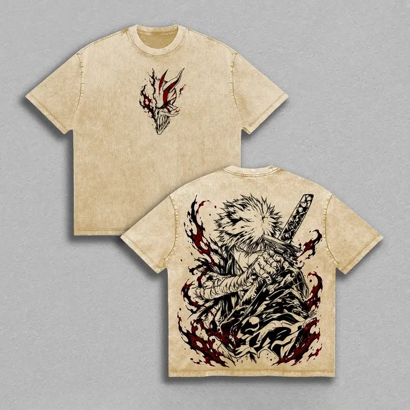 Manga BLEACH Kurosaki Ichigo Printed Tee Men Women Short Sleeve Clothing Washed Cotton T-shirt Casual T Shirt Oversized Tshirt