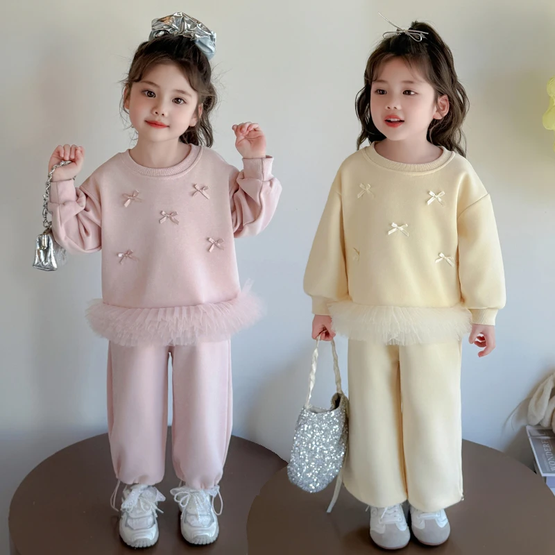 Girls Sweatshuit Clothing Set Children's Princess Bow Love Decoration Hoodie Pants Two-piece Suit Spring Autumn 2025 New