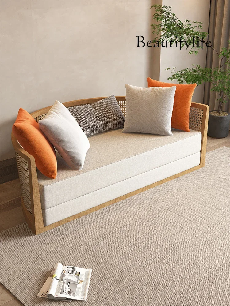 N Nordic Rattan أريكة سرير كاجوال قابلة للطي مزدوجة متعددة الوظائف مستديرة من الخيزران للسرير والإفطار