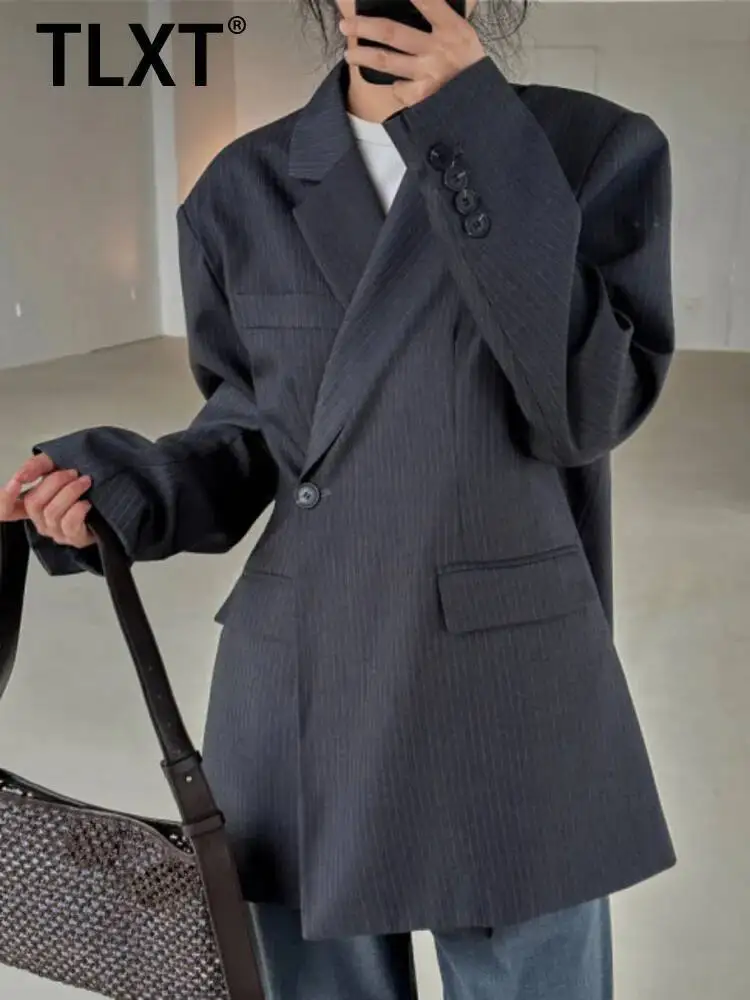 

TLXT Elegant Women's Striped Design Blazer Lapel Single Button Long Sleeve Commute Coats Female Spring 2025 New Clothing XK1215