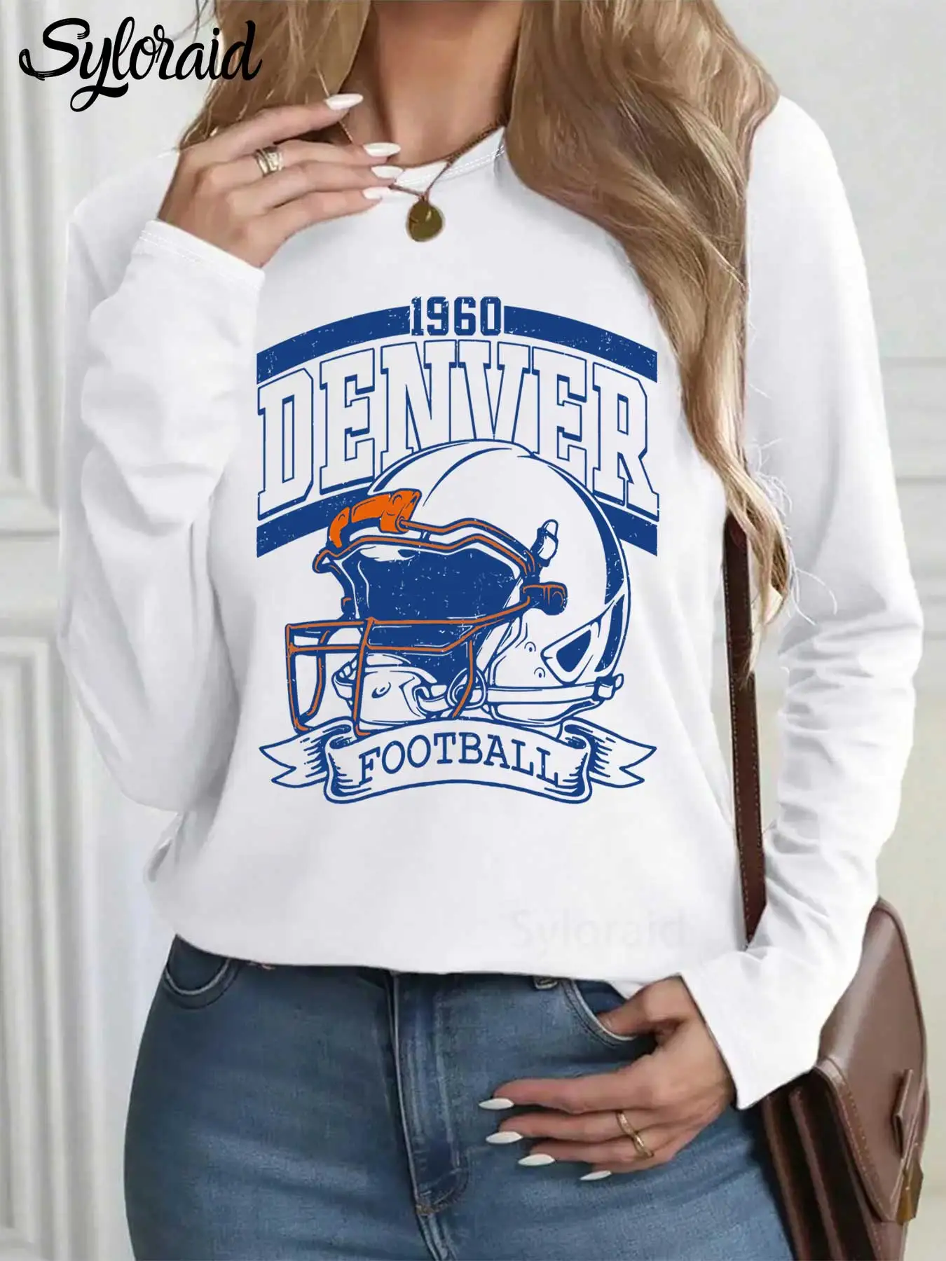 تي شيرت نسائي بأكمام طويلة مطبوع عليه دنفر لكرة القدم، قميص يوم اللعبة، قميص كاجوال برقبة دائرية #1