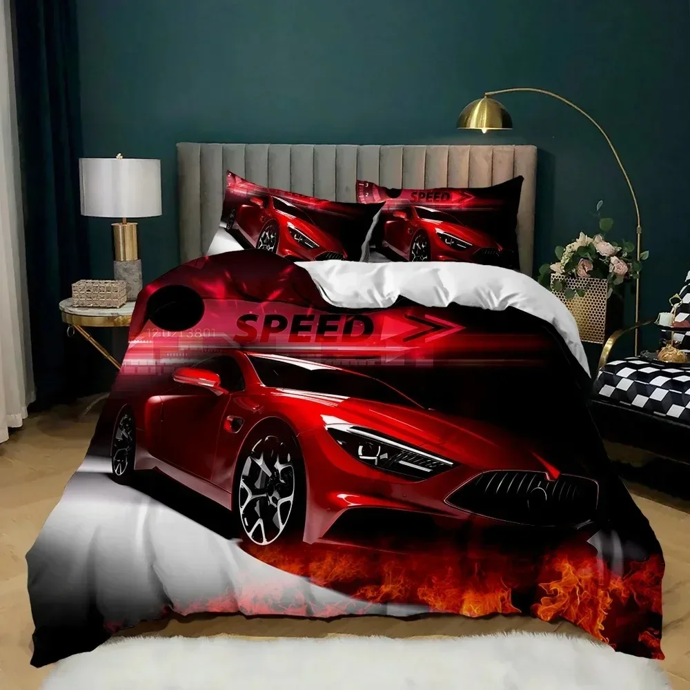 Race Car Bedding Set Twin Size Burning Red Flame Duvet Cover Set 3D Sports Car Comforter Cover King 2/3pcs Polyester Quilt Cover