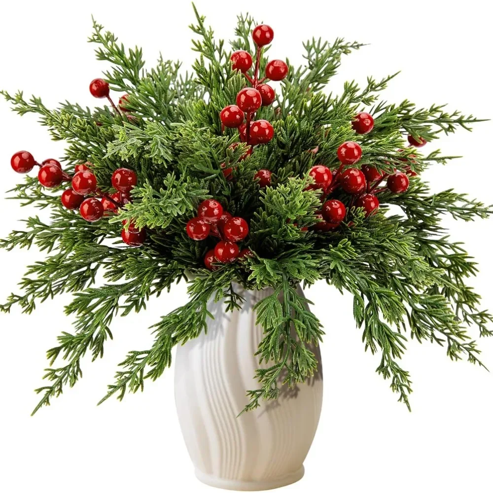 20/40 Pcs Christmas Norfolk Pine Branches with Red Berry Stems- 10.23in Artificial Greenery Norfolk Pine Stems Sprigs Decoration