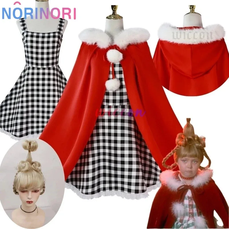 

Cindy Lou anime cosplay costume Cindy plaid dress red jumpsuit outfit haircut women kids Halloween party suit Christmas gift