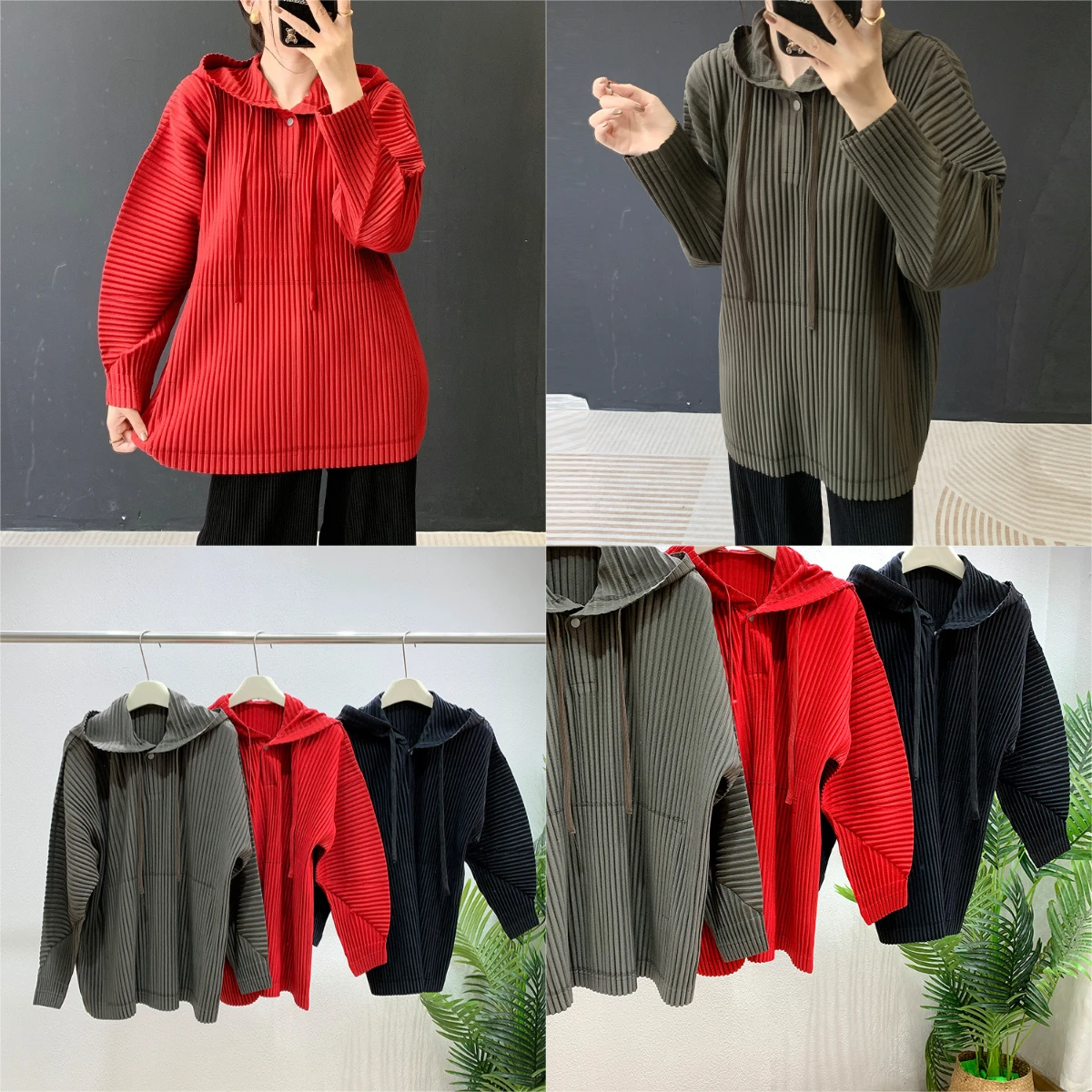 

Miyake Folds 2025 Autumn and Winter New Large Toothpick Thick Material Hooded Top Loose Casual Hundred with Pullover Women