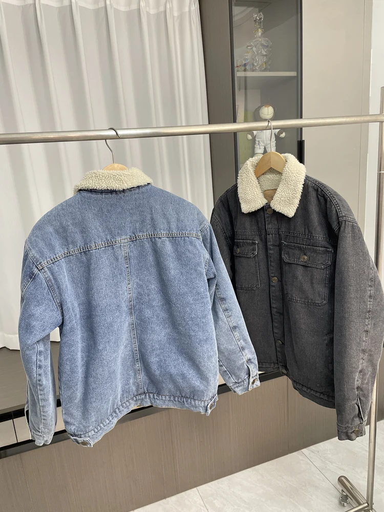 Autumn Winter Fleece Denim Jacket For Men Lapel With Pockets Faux Lamb Wool Splicing Coat American Fashion Warm Thicken Jackets