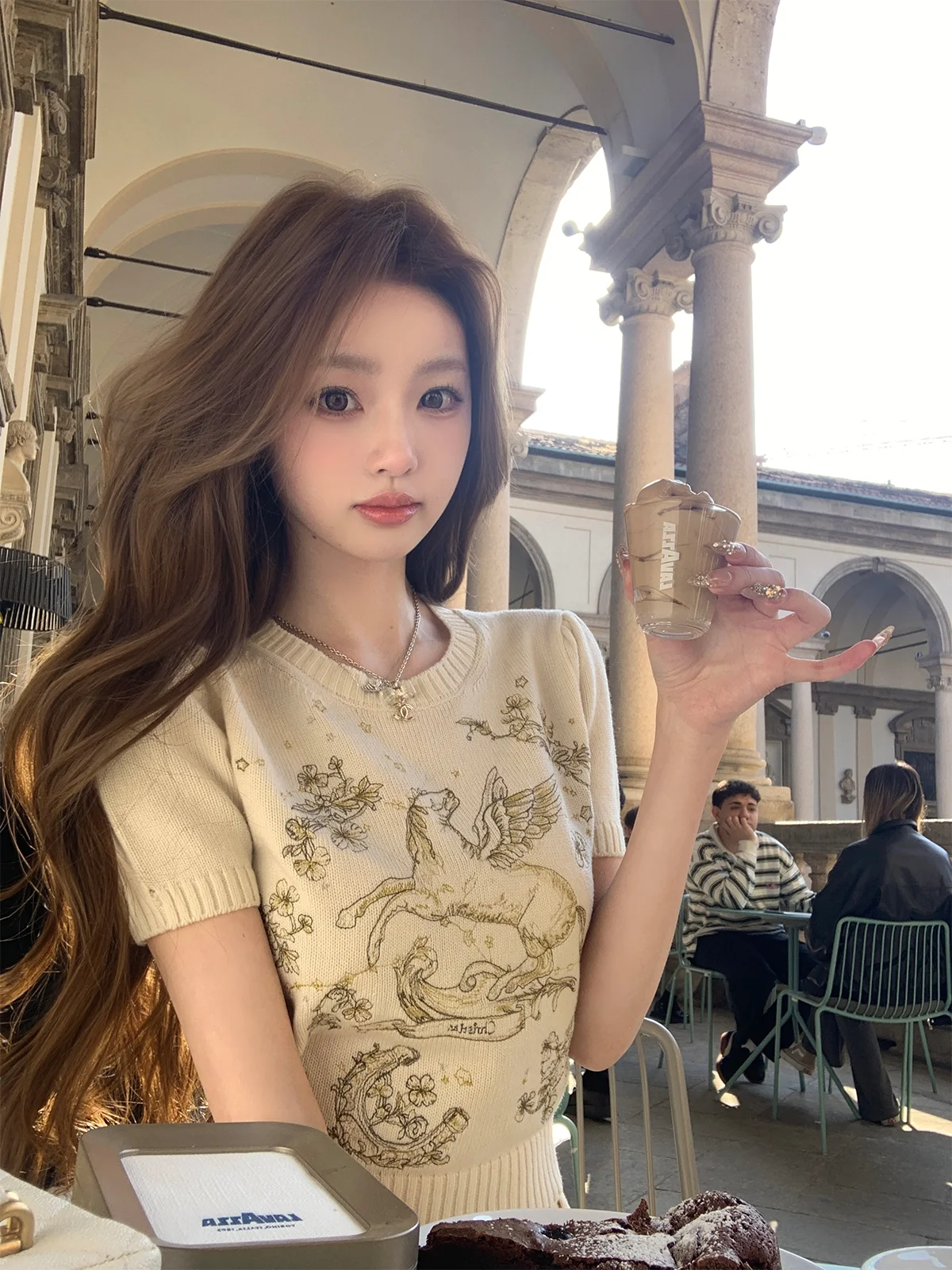 Lanlan's Wardrobe FLYING  Gilded Heavy Industry Gold Thread Embroidery Short Sleeve Bubble Sleeve Knitted Top Women's Ca...