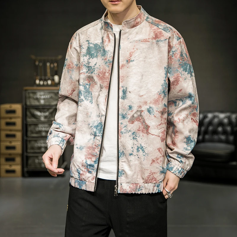 

Loose Baseball Sle Jaet for Men Spring Autumn Casual Printed Outerwear Retro Sle Zipper Closure Long Sve Polyester