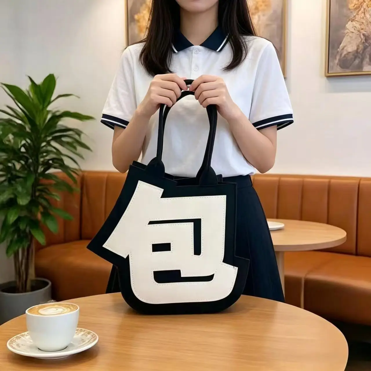 Creative Chinese Character Shape Felt Tote Bag Large Capacity Cosmetic Storage Bag Unique Design HandbagTravel Makeup Organizer