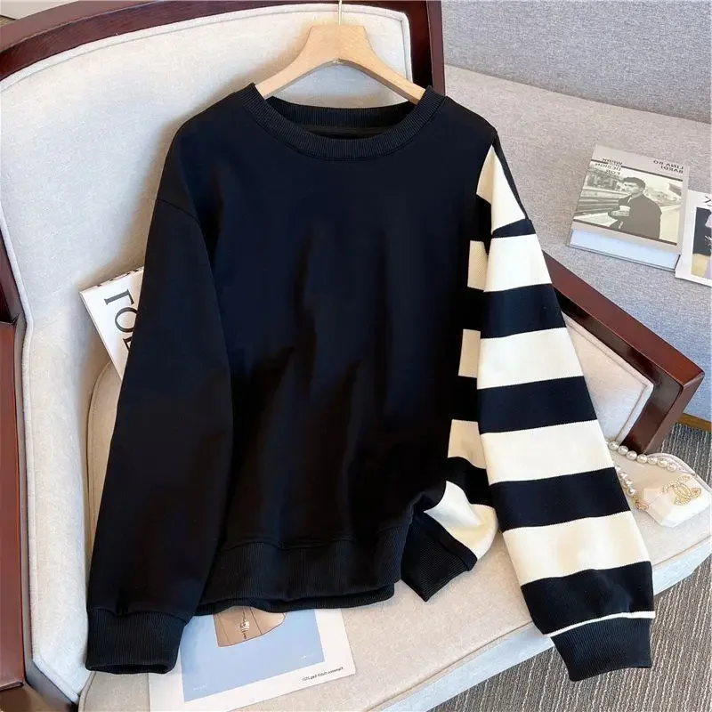 

Black-and-white striped design stitching sweater women 2 autumn and winter new plus size loose fashion slim long-sleeved top