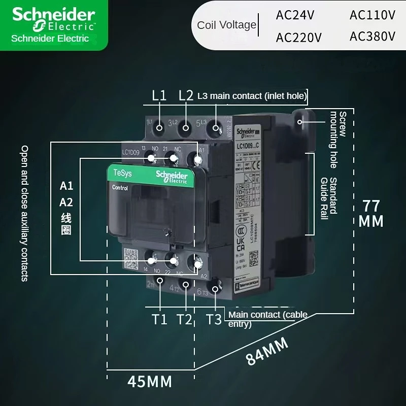 schneider AC contactor New black Rail Mounted contactor Coil Voltage 24v 110V 220V 380V 3 Phase 3-Pole 50/60Hz lc1d32 1NO 1NC