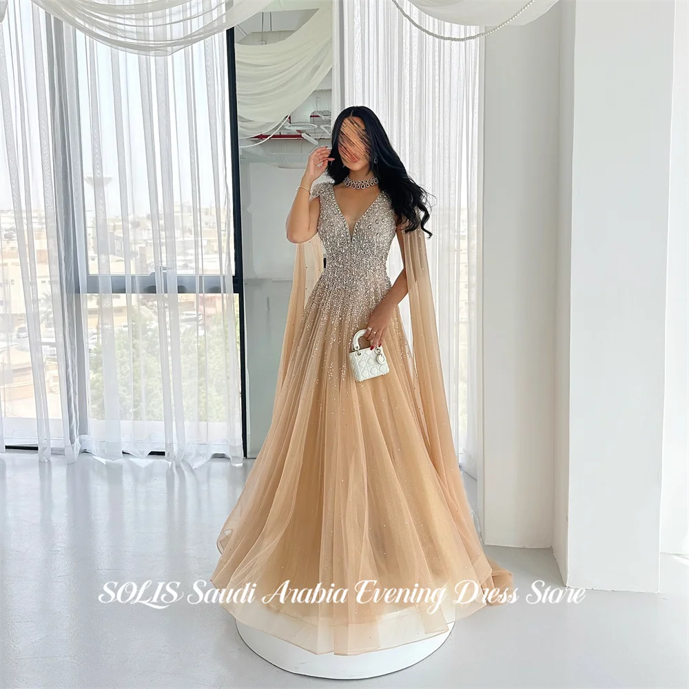 

SOLIS Champagne Prom Dresses V Neck Off Shoulder Evening Dress Long Sleeve Party Dresses Crystal vestidos de fiesta Customized