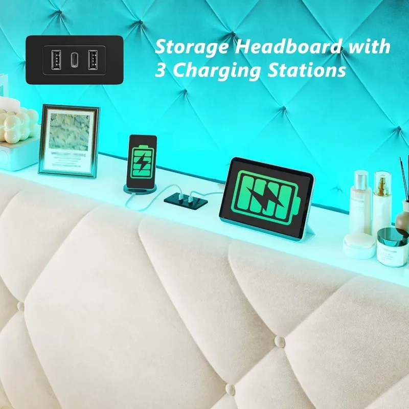 Estructura de cama tamaño King con 2 cajones de almacenamiento y cabecera, estructura de cama con plataforma de terciopelo con luces LED y estación de carga