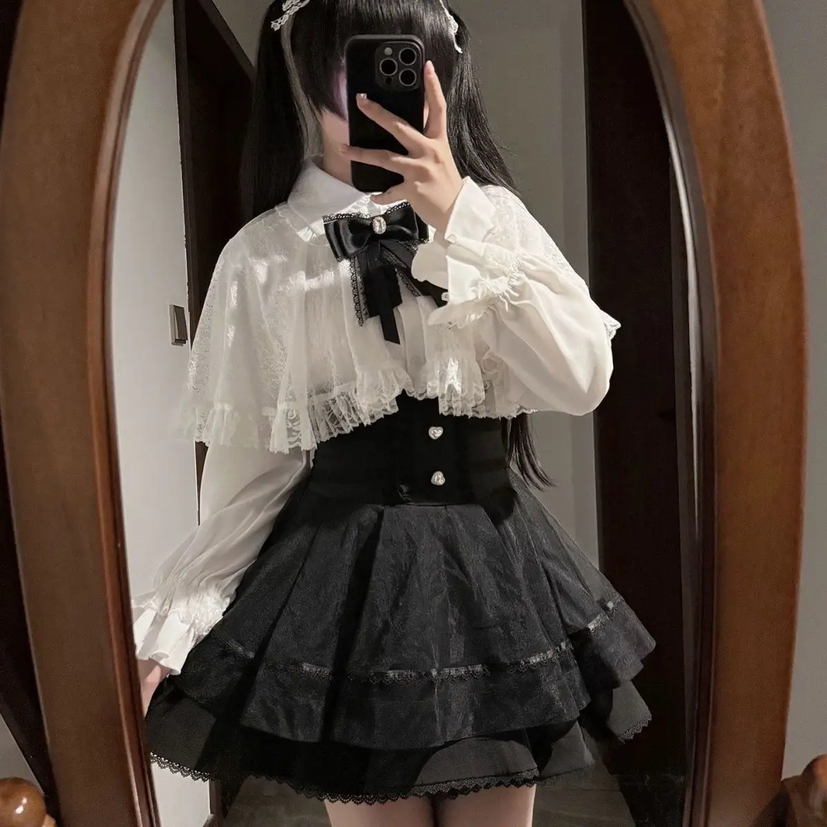 

Y2K Gothic Ruffle Skirts Lace Lolita Shirt Gown Suit Kawaii Off Shoulder Long Sleeve Shirts Women Black Short Skirt Set